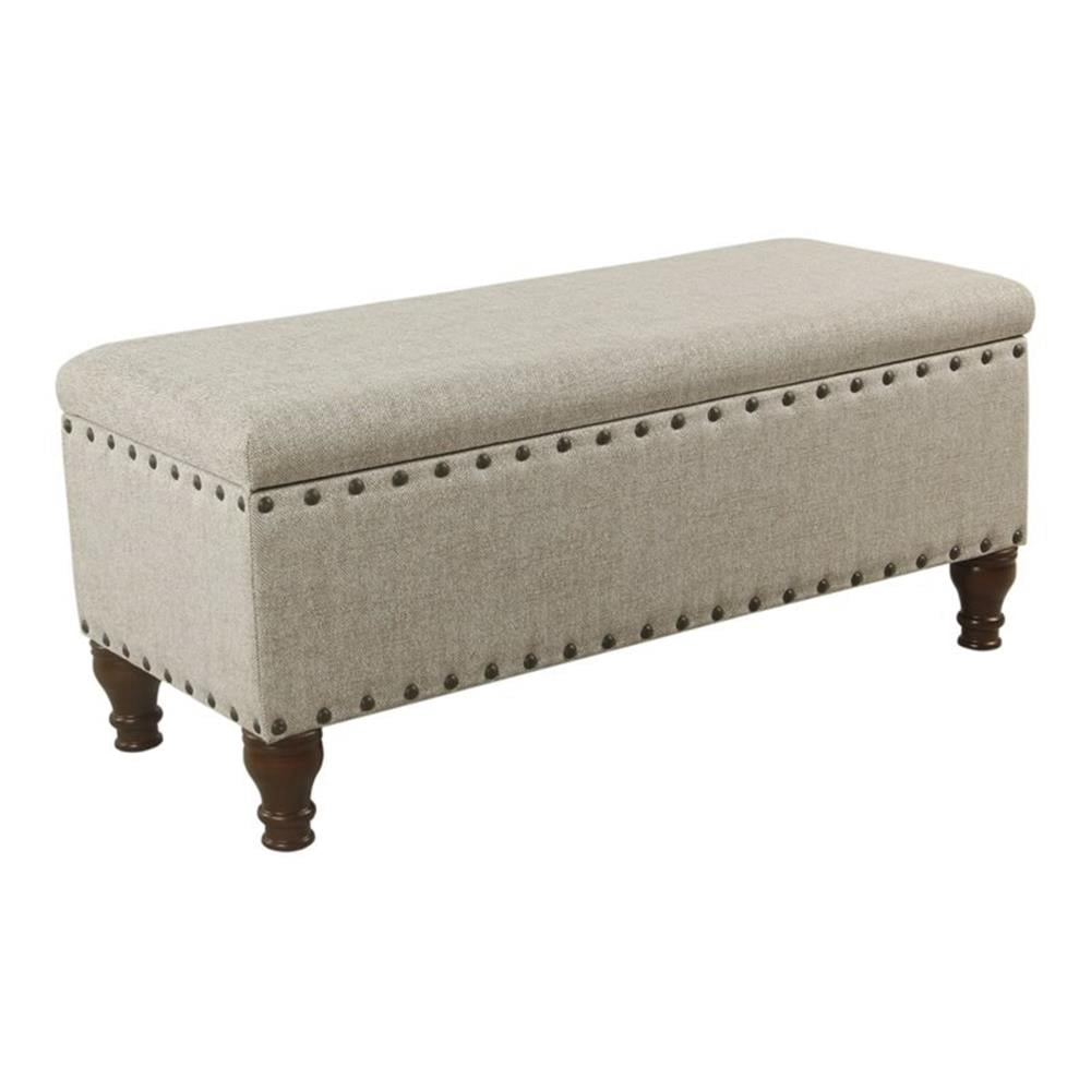 HomePop Traditional Fabric Large Storage Bench with Nailhead Trim in Cream/Taupe