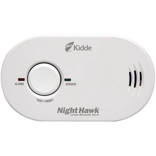 Kidde Battery Operated Carbon Monoxide Alarm with compact white oval design, central test/reset button, red alarm and green operate indicator lights, ventilation slots on the right, and Night Hawk branding.