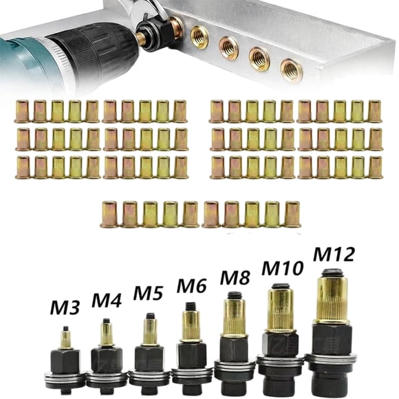Rivet Nut Tool Kit, M3-M12 Metric Carbon Steel Mandrels and Rivet Nuts Set, Threaded Insert Kit for Automotive Metal Fabrication DIY Projects