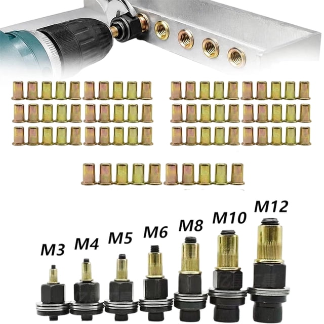 Rivet Nut Tool Kit, M3-M12 Metric Carbon Steel Mandrels and Rivet Nuts Set, Threaded Insert Kit for Automotive Metal Fabrication DIY Projects