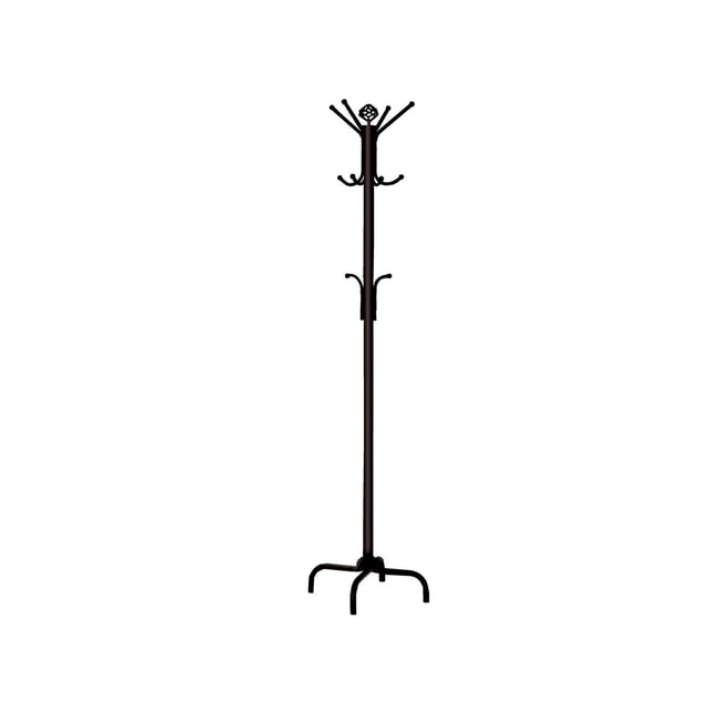 Monarch Specialties Coat Rack, Hall Tree, Free Standing, 12 Hooks, Entryway, 70"h, Bedroom, Metal, Black, transitional style coat rack with a smooth black metal finish, featuring 12 hooks on a double tier and a round finial top, supported by a sturdy four-legged base, ideal for organizing coats, hats, and scarves in entryways, bedrooms, mudrooms, or home offices, and suitable as a compact storage solution for small spaces.