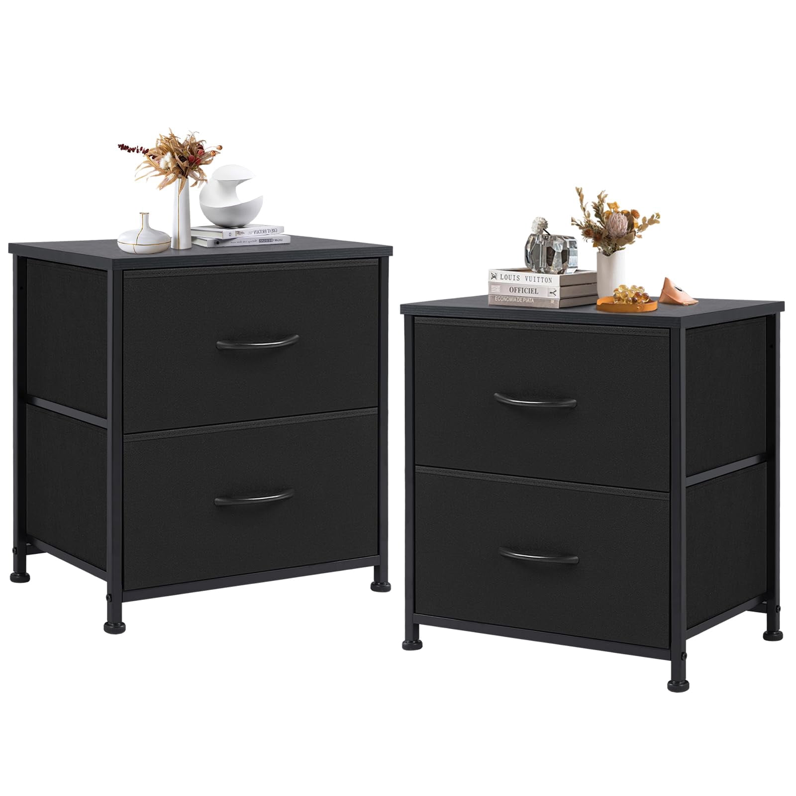 DUMOS Nightstand Set of 2, Small Dresser with 2 Fabric Drawers Side Bedroom End Table Kids Bedside Storage Furniture for 25 inch Tall Night Stand for Closet, Entryway, College Dorm, Black, M-2 Pack