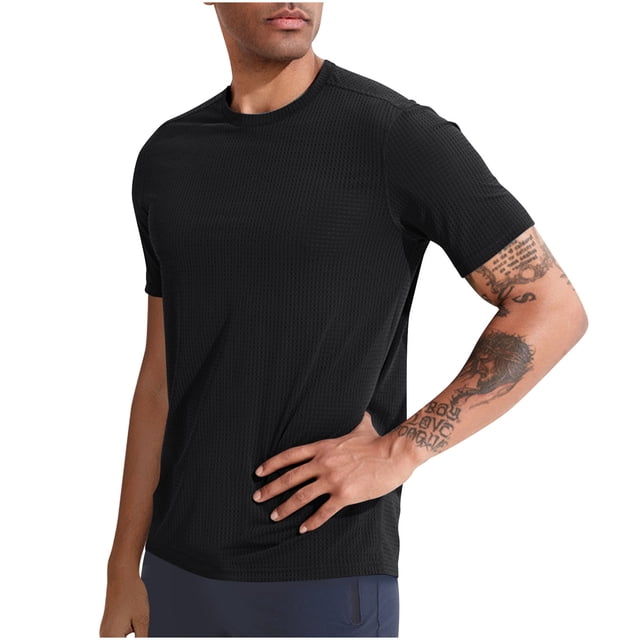 Gspmoly T-Shirt pour Homme, Haut Décontracté Uni à Col Rond en Maille Ajourée à Manches Courtes pour Sortir, Aubaines du Jour