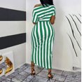 thumbnail image 3 of MesaSe Ladies Sexy Slant Collar Off Shoulder Waist Striped Irregular Slit Dress, 3 of 6