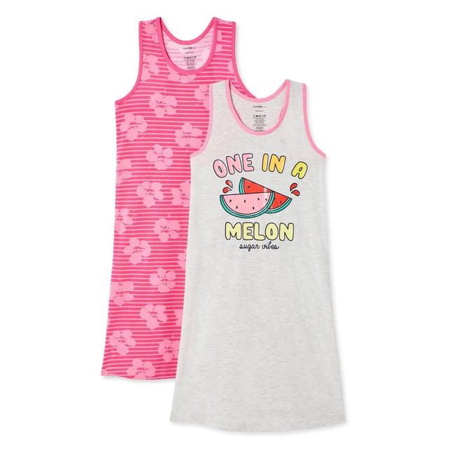George Girls' Tank Nightshirt 2-Pack includes two sleeveless nightshirts with round necklines in soft jersey knit; one light grey with pink trim and a watermelon graphic with 'One in a Melon sugar vibes' text, the other bright pink with stripes and floral print, suitable for girls' comfortable sleepwear.