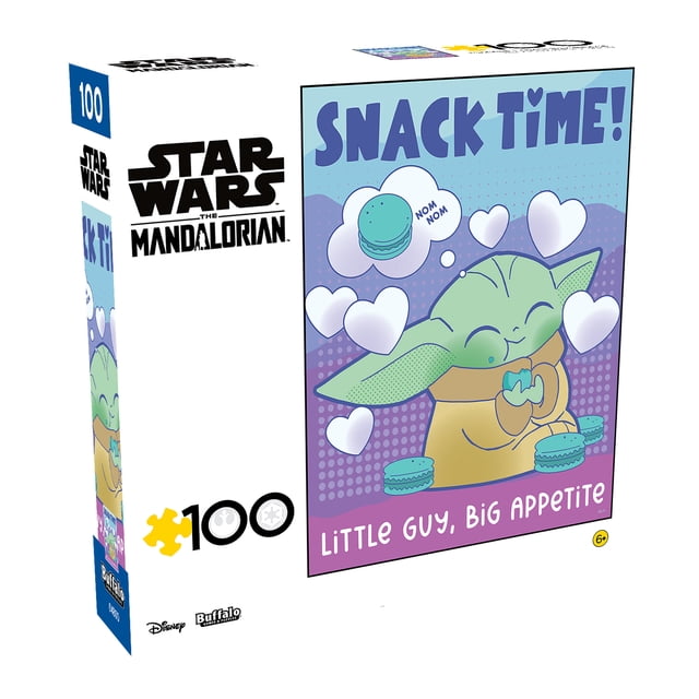Buffalo Games Star Wars - Snack Time! 100-piece interlocking jigsaw puzzle for children ages 6 and up featuring Baby Yoda from The Mandalorian eating blue macarons with white hearts around him and the phrases 'Snack Time!' and 'Little Guy, Big Appetite' on a purple and blue dotted background, including a bonus puzzle poster for assembly reference.