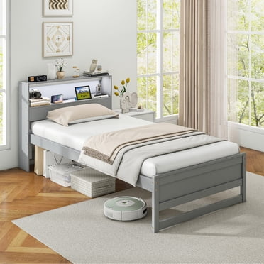 Gymax Twin Size Wooden Bed Frame w/ Charging Station & LED Light Storage Headboard Gray