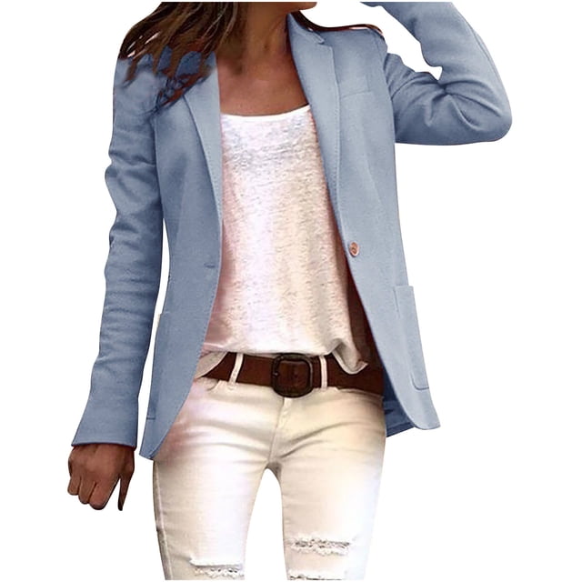 Pompotops Women Casual Fashion Solid Color Long Sleeve Slim Jacket Suit in a light blue shade. The jacket features a tailored fit with a single-button closure, long sleeves, and a standard length. Made from polyester, it is styled for casual and semi-formal occasions. The model pairs it with a white top, distressed white jeans, and a brown belt.