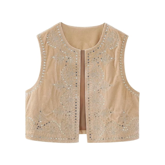 Diconna Gilet pour Femmes, Sans Manches à devant Ouvert avec Broderie de Fleurs et Paillettes, Gilet d'Extérieur pour la Rue Cual