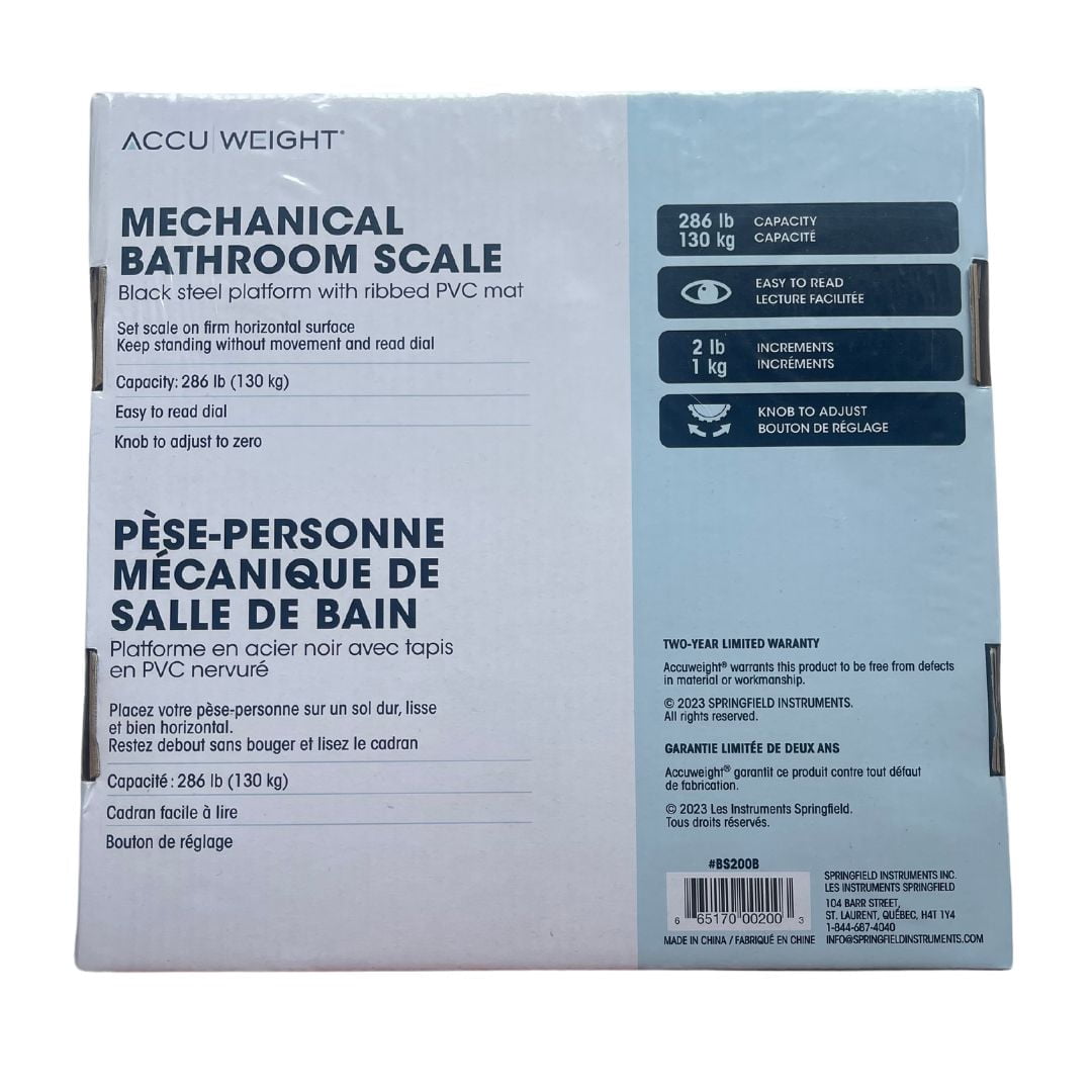 Pèse-Personne Méchanique de Salle de Bain, Accuweight, Capacité de 286 lbs (130 kg), noire et blanche, modèle BS200B