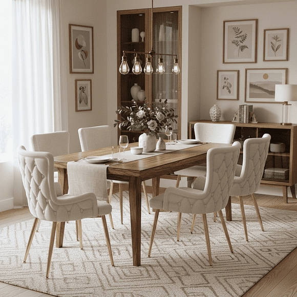 Noble House Set of 6, Velvet Dining Chairs, Light Luxury Tufted Chair with Four Gold Metal Legs,Beige