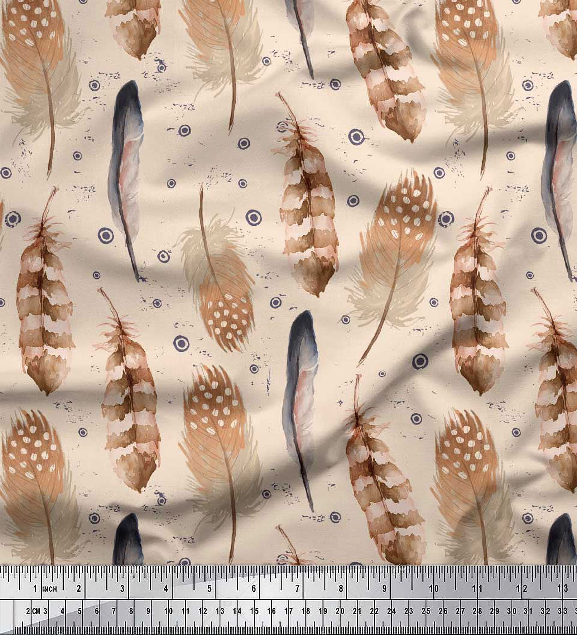 Soimoi White Velvet Fabric Eagle Feather Print Sewing Fabric Yard 60 Inch Wide
