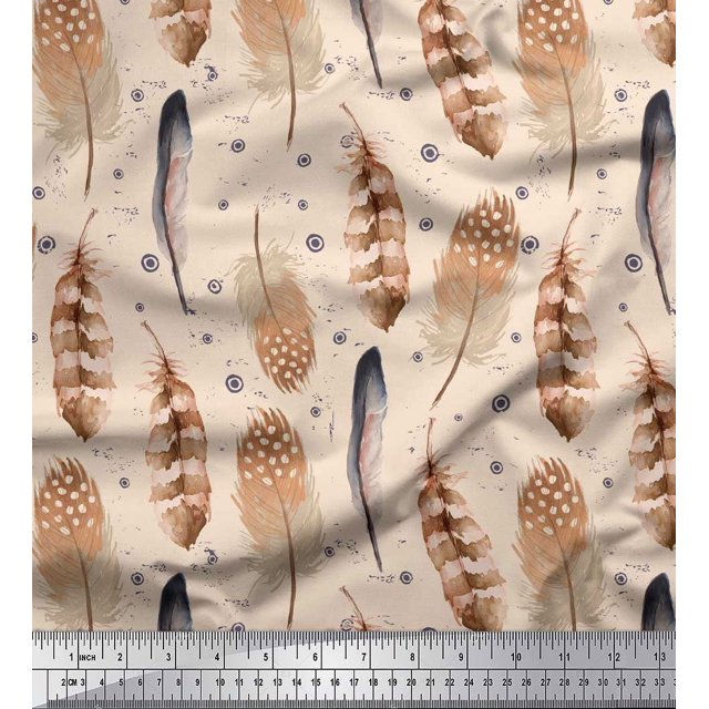 Soimoi White Heavy Canvas Fabric Eagle Feather Printed Fabric 1 Yard 58 Inch Wide