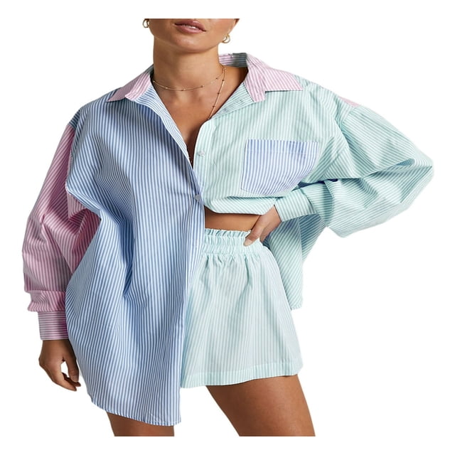 Ensemble d'Été Deux Pièces pour Femmes Chemise Rayée à Manches Longues et Shorts