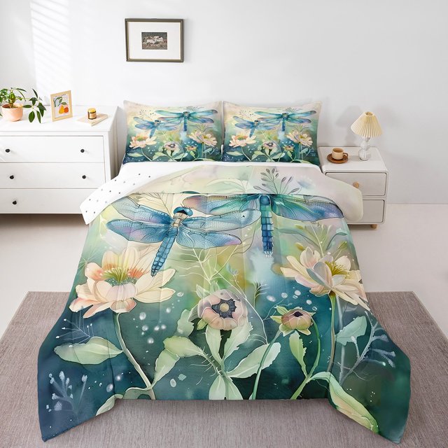 Erosebridal Ensembles de Literie Libellule Sauvage Complet avec Couette, Insert de Couette Fleurs de Lotus Botaniques Feuilles, Réversible 3 Pcs, Respirant