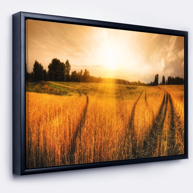 Designart - Champ de Blé au Coucher du Soleil Panorama - Photographie Encadrée Impression d'Art sur Toile