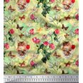 thumbnail image 1 of Soimoi Yellow Poly Georgette Fabric Cat,Insect & Rose Buds Flower Printed Craft Fabric by The Yard 52 Inch Wide, 1 of 3