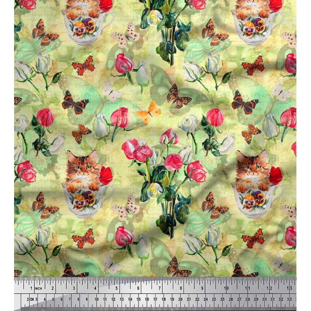 Soimoi Yellow Poly Georgette Fabric Cat,Insect & Rose Buds Flower Printed Craft Fabric by The Yard 52 Inch Wide
