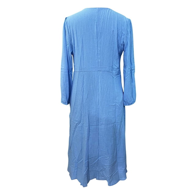 Sexy Dance Robe Longue pour Femmes, Décor de Boutons, Robes Maxi, Col en V, Plissée, Manches Longues, Bleu Pâle, S