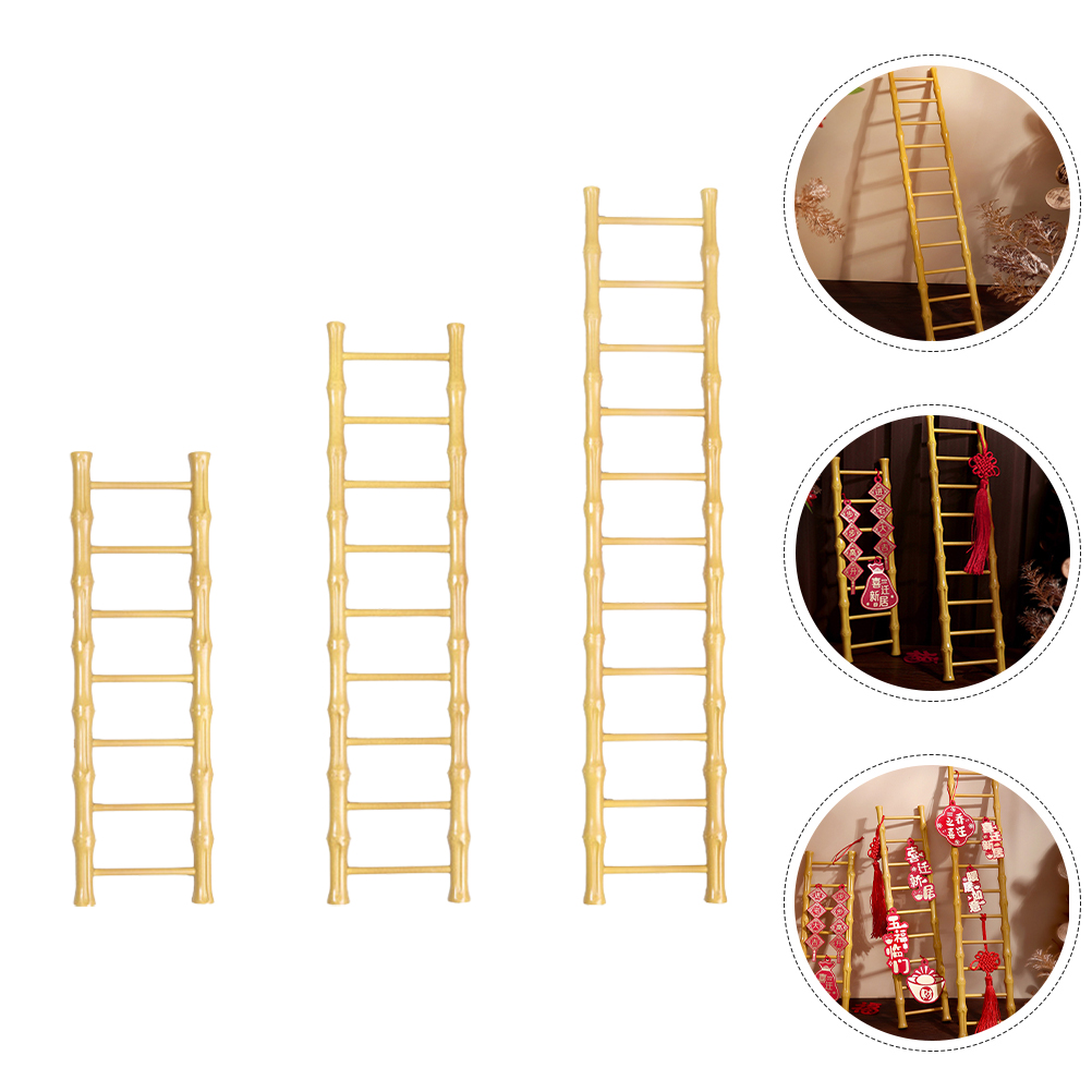 OULII 3Pcs Handmade Craftsmanship Khaki Wood Ladder Decor for Housewarming Party 16.8x3.4x0.6in