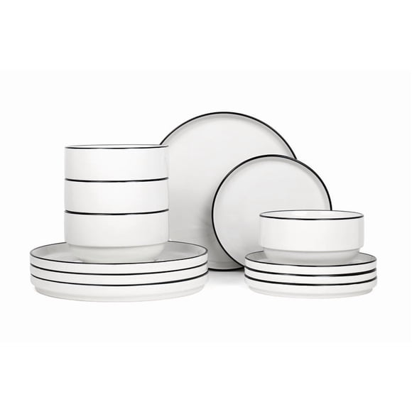 Mainstays Black rim 12-Piece Stoneware Dinnerware Set