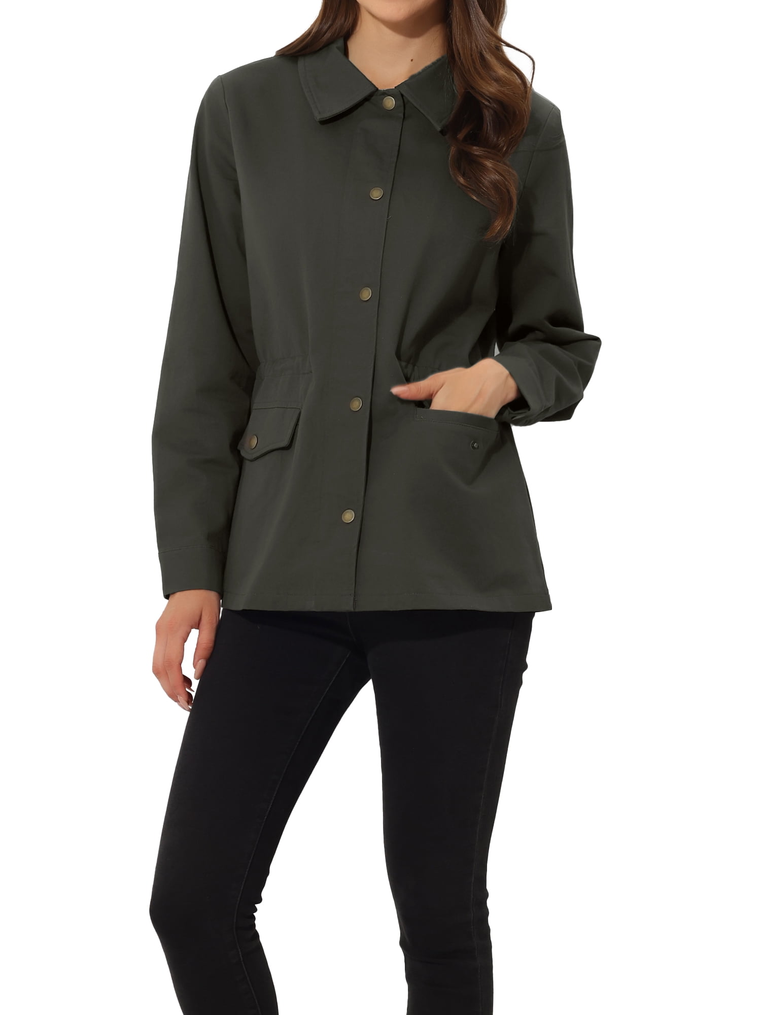INSPIRE CHIC Veste Utilitaire pour Femme, Taille Élastiquée avec Cordon de Serrage, Poches à Rabat, Légère, Gris Foncé, Taille TG