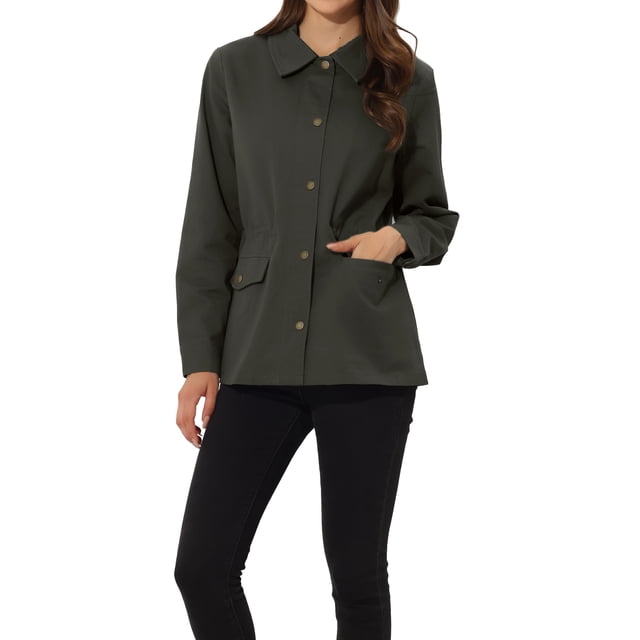 INSPIRE CHIC Women's Drawstring Waist Flap Pockets Lightweight Utility Jacket Dark Grey L