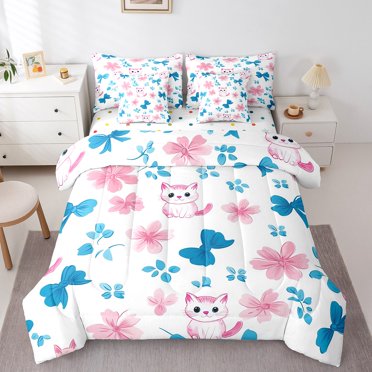 Erosebridal Kawaii Cat Bedding Sets Queen Size, Princess Bowknot Comforter Sets with Sheets, Leaf Plant Reversible Bed Sheets Set, Super Cozy Bedroom Decoration, 7pcs
