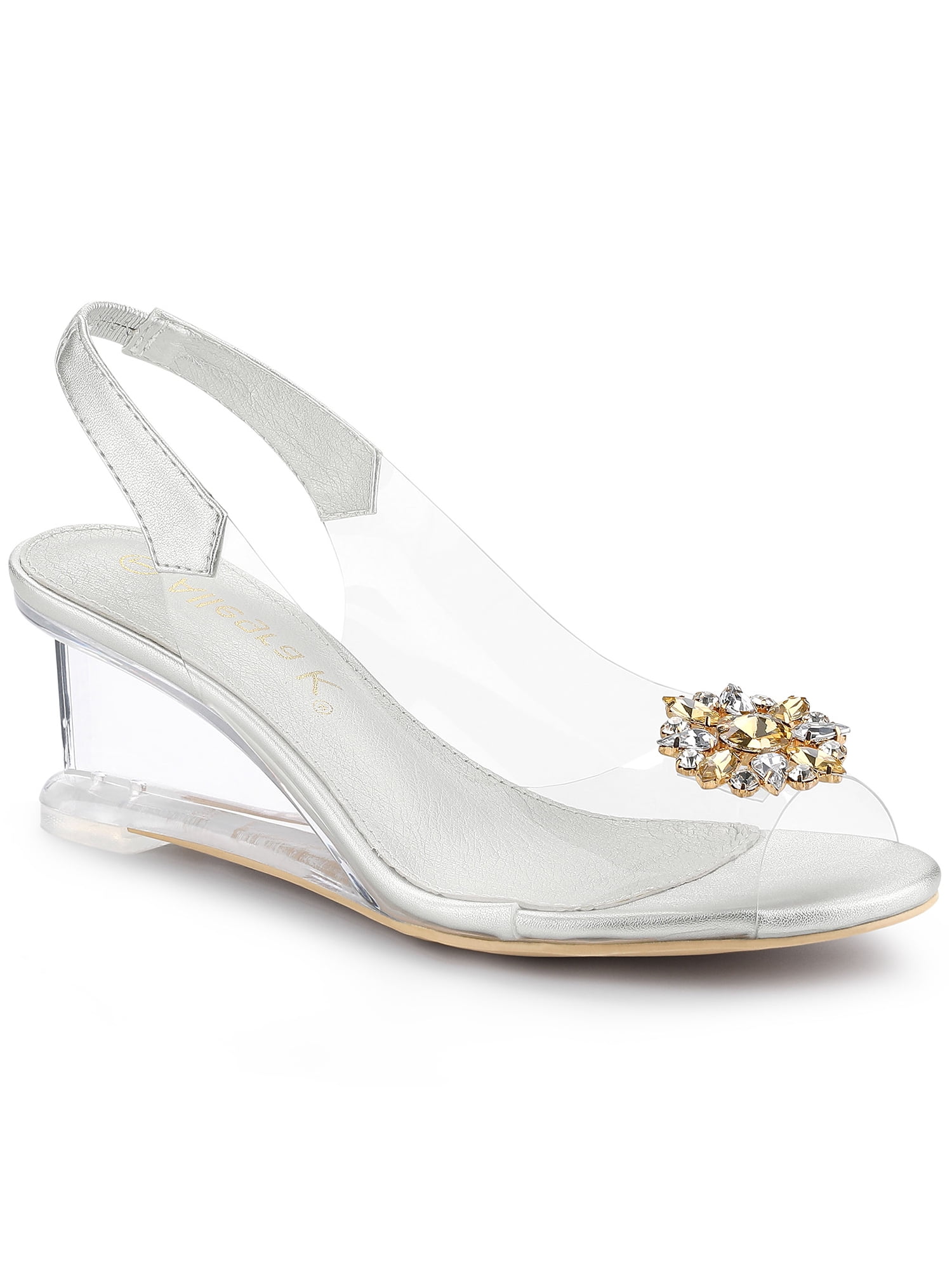 BLISSFUL STEP Chaussures pour Femmes Talons Compensés Transparents à Strass Bout Ouvert Slingback Chaussures Transparentes Argent 7