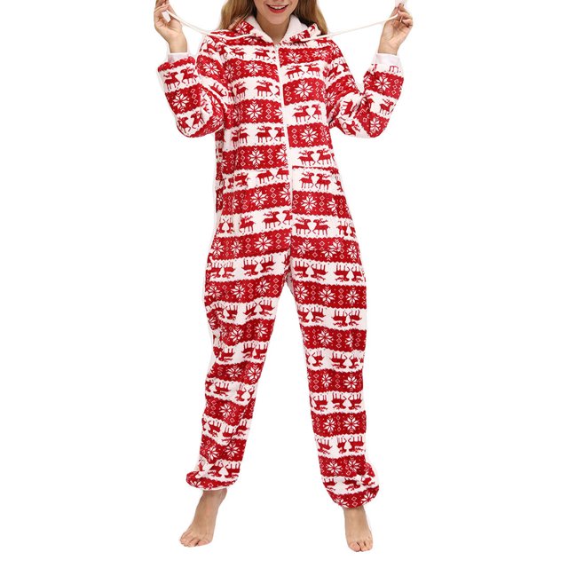 Wangsaura Female Deer/ Snowflake Print Long Sleeve Hooded Jumpsuit with Zipper