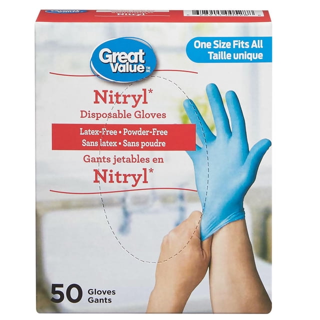 Great Value Nitryl Disposable Gloves box featuring a hand wearing a blue nitrile glove, latex-free and powder-free, one size fits all, containing 50 gloves suitable for kitchen cleaning and household tasks.