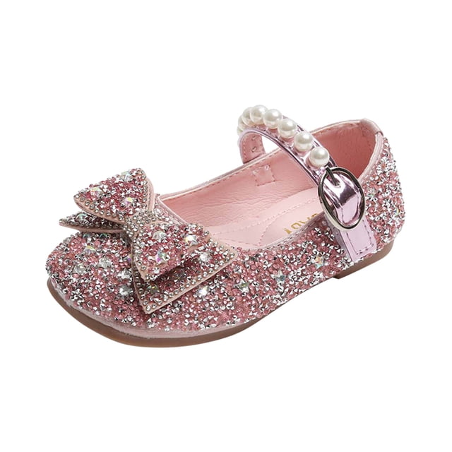 Princess Shoes for Girls Rhinestone Bowknot Pearl Blingbling Square Close Toe Soft Sole Non Slip Comfortable Dance Wedding Party Spring Summer Flats for 15 Months-7 Years Pink