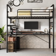 Twin Metal Loft Bunk Bed – Heavy Duty with L-Shaped Desk & Storage Shelf – High Guardrail & Ladder – Space-Saving – Easy Assembly – Bedroom or Dorm