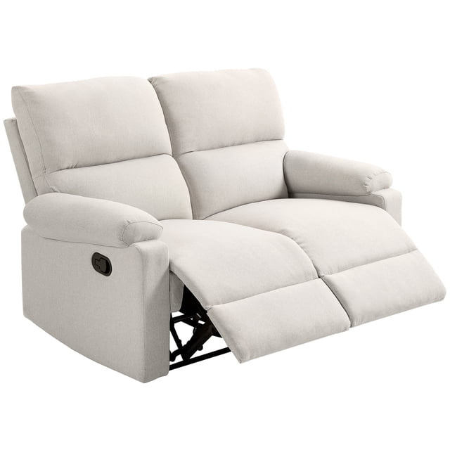 HOMCOM Causeuse Recliner Sofa 2 Places Fauteuil Inclinable avec Repose-Pieds en Blanc Crème. Comprend Deux Fauteuils Inclinables Manuels Séparés avec Poignées Faciles à Tirer, un Repose-Pieds Intégré et des Accoudoirs Rembourrés pour un Confort Accru. Rembourré en Tissu polyester Effet Lin, Offre un design Contemporain Adapté aux Salons. Dimensions : 52,8 Pouces de Large, 36,2 Pouces de Profondeur et 38,2 Pouces de Hauteur en Position Verticale. s'Incline jusqu'à 150 Degrés pour la Détente. Cadre en Acier Assure la Durabilité. Assemblage Requis