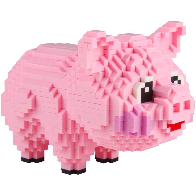 Micro Pig Building Blocks Pet Mini Building Toy Bricks by DAMAIE. A detailed pink pig figure constructed from tiny plastic building blocks, featuring a pixelated design with expressive eyes, a red snout, and black hooves. Suitable for ages 14 and up, this set is ideal for hobbyists and adults seeking a relaxing and creative activity. The compact size of the blocks requires precision, and tweezers are recommended for assembly (not included).