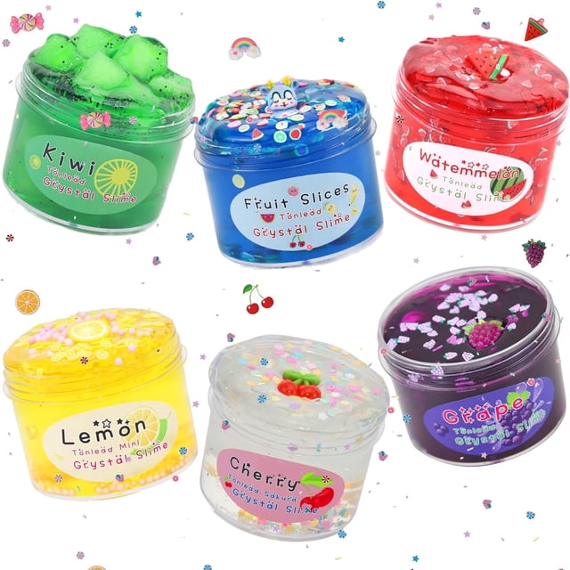 Clear Slime Kit Crystal Slime Set featuring six vibrant fruit-themed slimes in individual containers: kiwi green, watermelon red, lemon yellow, cherry white, grape purple, and blue fruit slices. Each slime includes decorative elements like fruit charms, glitter, and beads, designed for kids' creative play and DIY activities. Non-sticky, stretchy, and eco-friendly, this slime kit is ideal for birthday gifts, party favors, and educational arts and crafts projects.