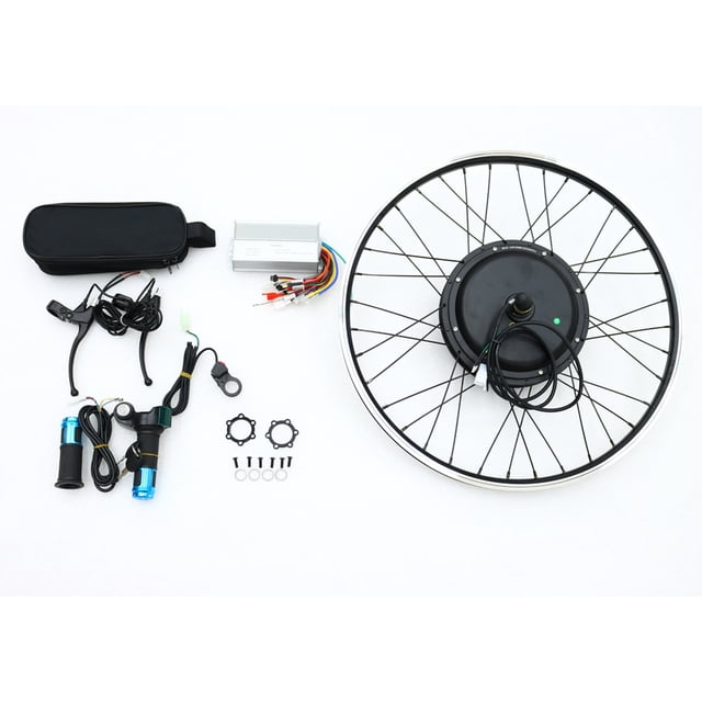 26-inch mountain bike front wheel modified kit for e-bike conversion, designed for DIY assembly. Includes a 48V-60V 500W motor, controller, wiring components, throttle handle, disc brake adapters, and installation accessories. Suitable for mountain bikes, commuter bikes, and folding bikes.