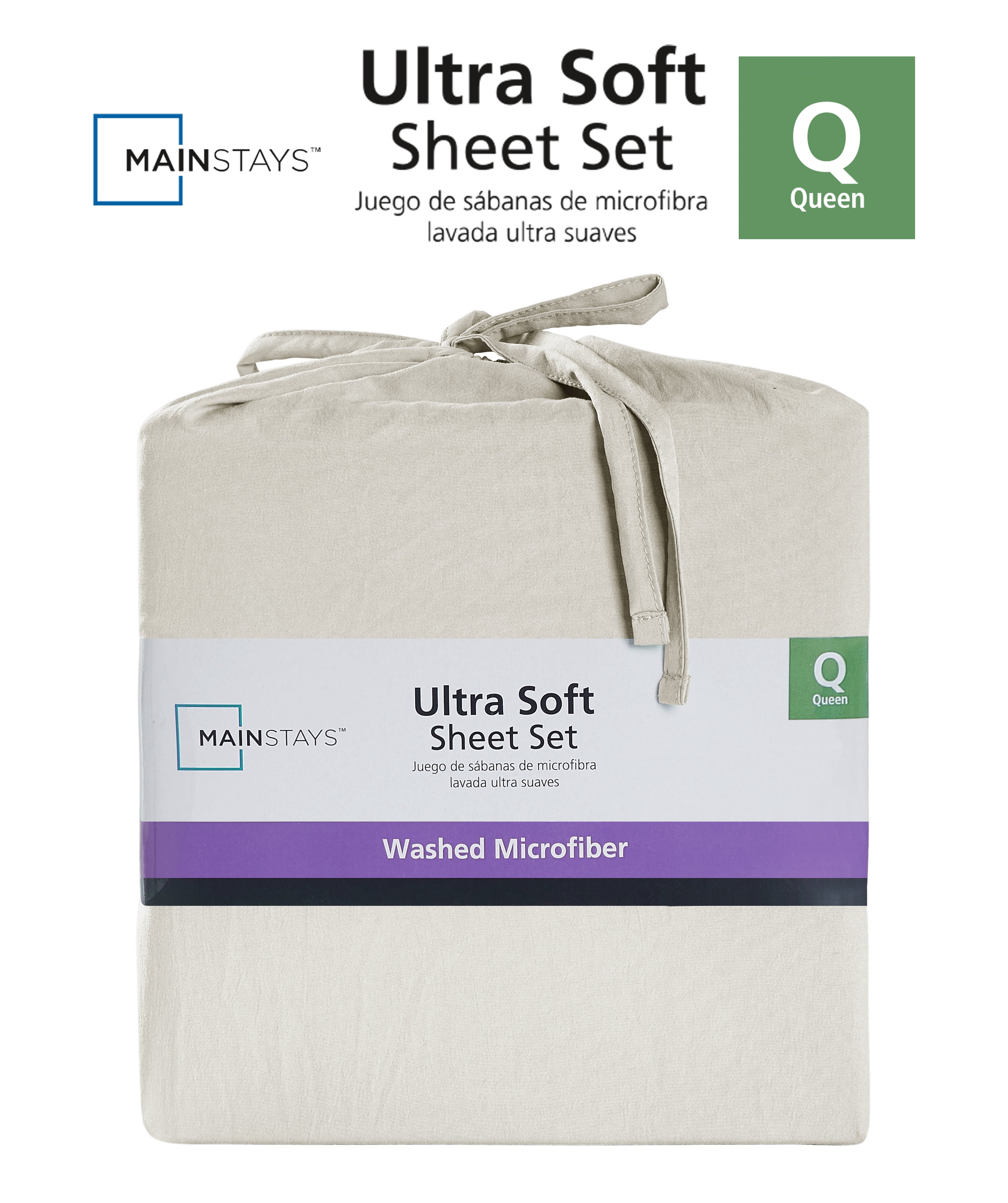Mainstays Ensemble de draps en microfibre lavée ultra douce, Lit 2 Places, Papyrus Beige, 4 pièces.