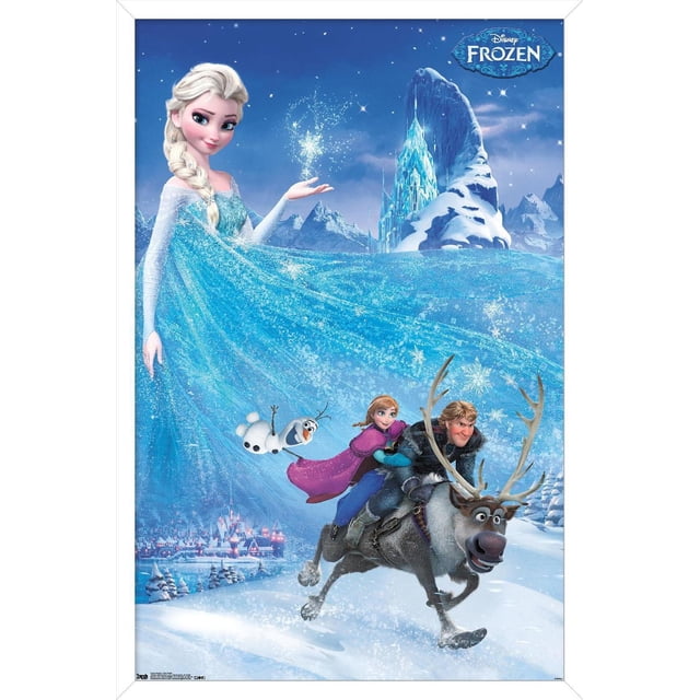 La Reine des Neiges de Disney - Affiche Murale d'Aventure en une Feuille, 22,375 Po x 34 Po Représentant Elsa dans une Robe Bleu Étincelant Lançant des Flocons de Neige, avec Olaf le Bonhomme de Neige, Anna et Kristoff Chevauchant Sven le Renne à Travers un Paysage Enneigé avec un Château de Glace en Arrière-Plan, Idéale pour la Déco Murale de Chambre d'Enfants Ou de Fête.