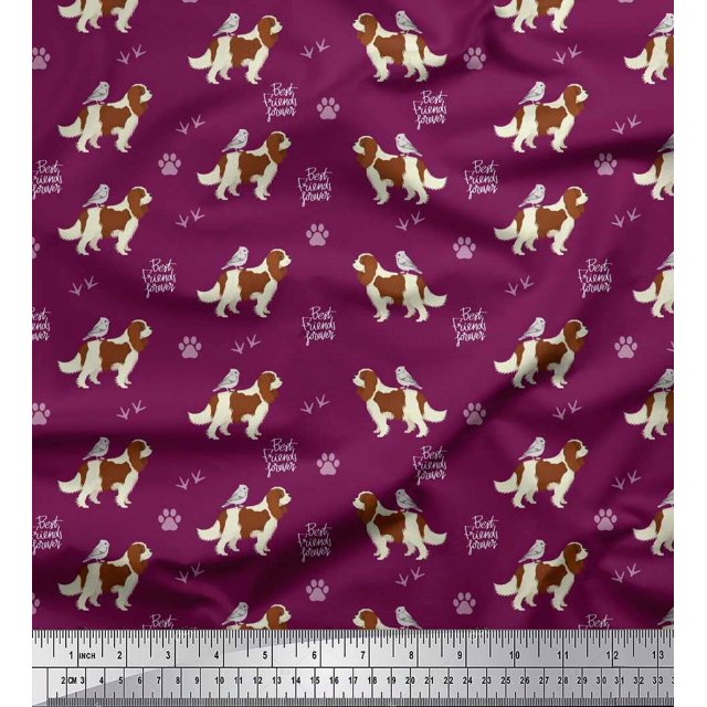 Soimoi Pink Rayon Fabric Bird,Paw & Cocker Spaniel Dog Decor Fabric Printed Yard 56 Inch Wide