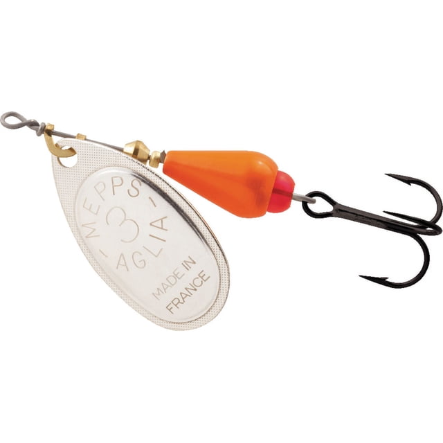 Mepps AB3-S/OR Aglia Brite Leurre de Pêche en Ligne #3 1/4 Oz Argent/orange avec une Lame Ovale Plaquée Argent Gravée « Mepps Aglia 3 Fabriqué en FRANCE », Corps orange Vif Haute Visibilité, Perle Brite Rouge et Hameçon Triple Noir, Convient aux Équipements Terminaux et aux Émerillons de Pêche.
