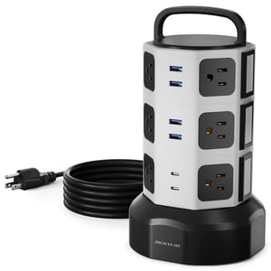 【10ft】 Power Strip Tower JACKYLED Surge Protector Electric Charging Station with 13A 12 Outlets 6 USB Ports Heavy Duty Extension Cord f
