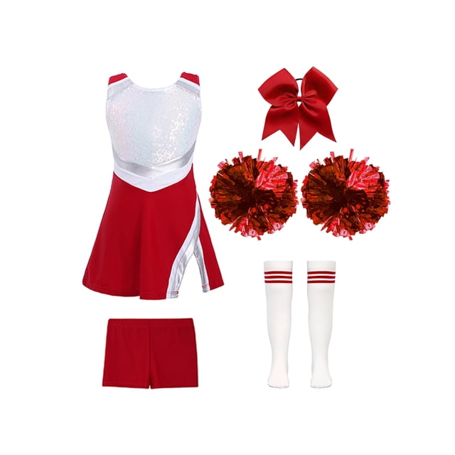 iiniim Tenues de Cheerleader pour Filles Enfants Uniformes de Cheerleading pour Filles du Secondaire Robe de Danse à Paillettes avec Pompons A Rouge 10