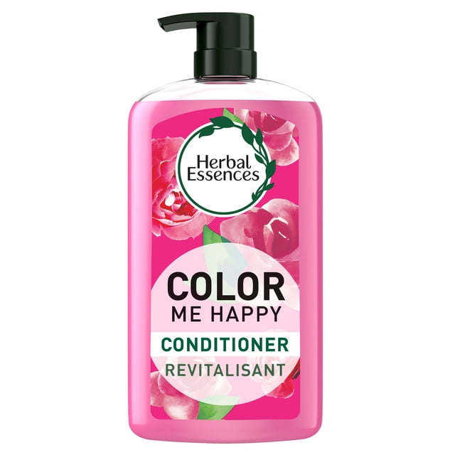 Herbal Essences Colour Me Happy Revitalisant pour Cheveux Colorés dans une Bouteille recyclable rose avec Pompe Noire, avec Motif floral de rose et logo Herbal Essences, Formulé pour Protéger la Couleur, Régénérer la Douceur et Rehausser l'Éclat avec Parfum de rose Marocaine.