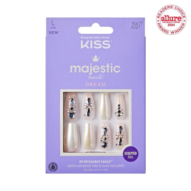 KISS Majestic - Fake Nails, 30 Count, Long, Dream design featuring sculpted reusable gel nails in pearl and nude tones with black and clear jewel accents, including adhesive tabs and glue for up to three uses, in a lavender recyclable box.