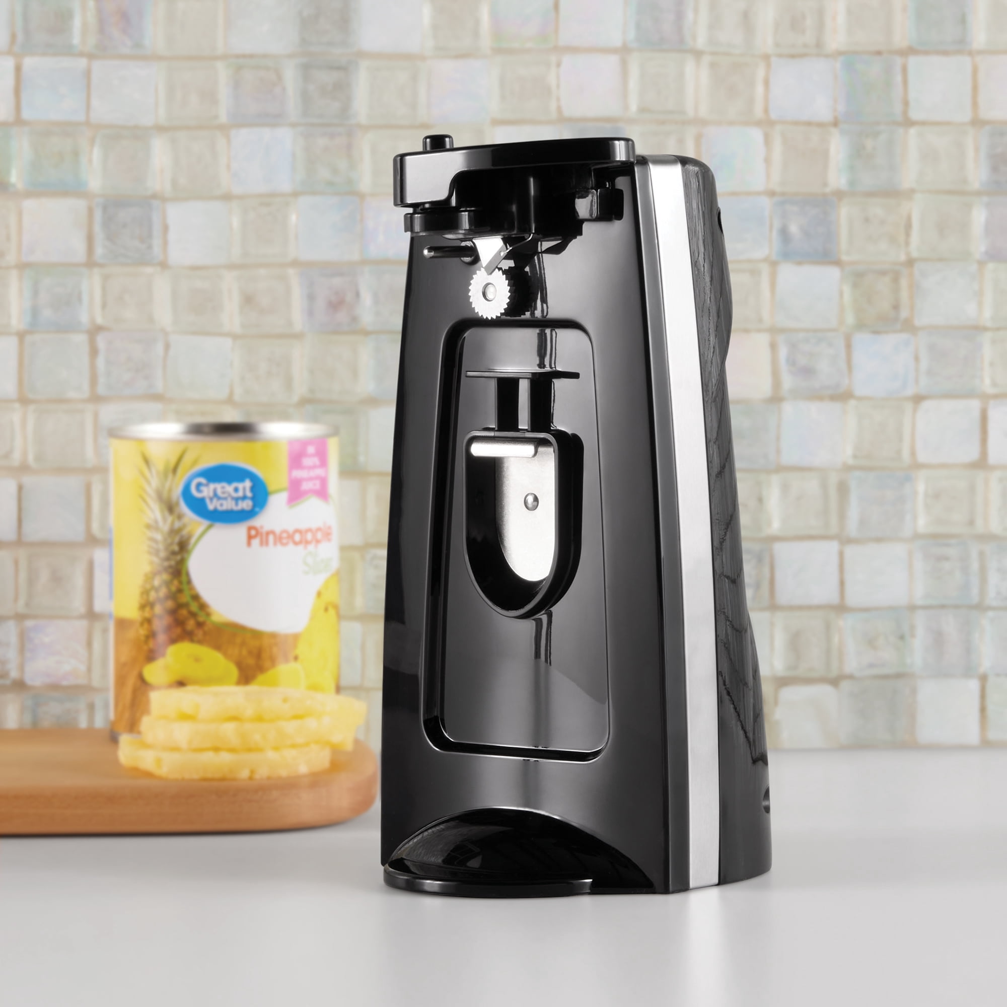 Mainstays ouvre-boîtes et aiguiseur de couteaux, ouvre-bouteilles avec levier de coupe amovible, avec lame en acier inoxydable, noir