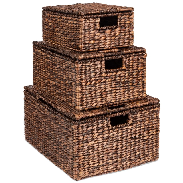 Best Choice Products Set of 3 Large Hyacinth Storage Baskets, Handwoven Rectangular Organizer Totes w/Handles, Removable Lid - 21", 20", 18"