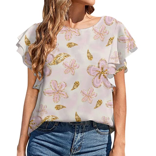 Hauts d'Entraînement Grande Taille pour Femmes Mode d'Été Décontractée Col Rond à Volants Manches Courtes Imprimé Pull Blouse Col en V T-Shirt Femmes en Solde