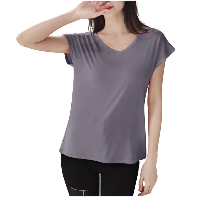 FRSASU T-Shirt de Sommeil Uni pour Femme Haut de Pyjama à Col en V Gris