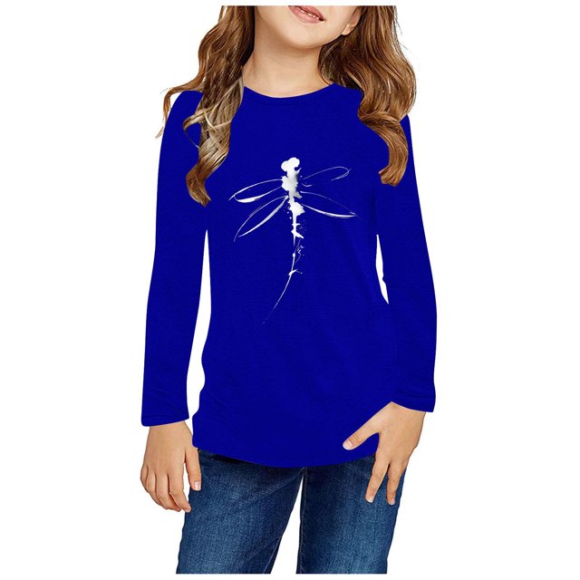 RXIRUCGD Chemises à Manches Longues pour Filles, Col Rond Mignon, Blouses Décontractées Élégantes (Bleu, Taille : 5 Ans)